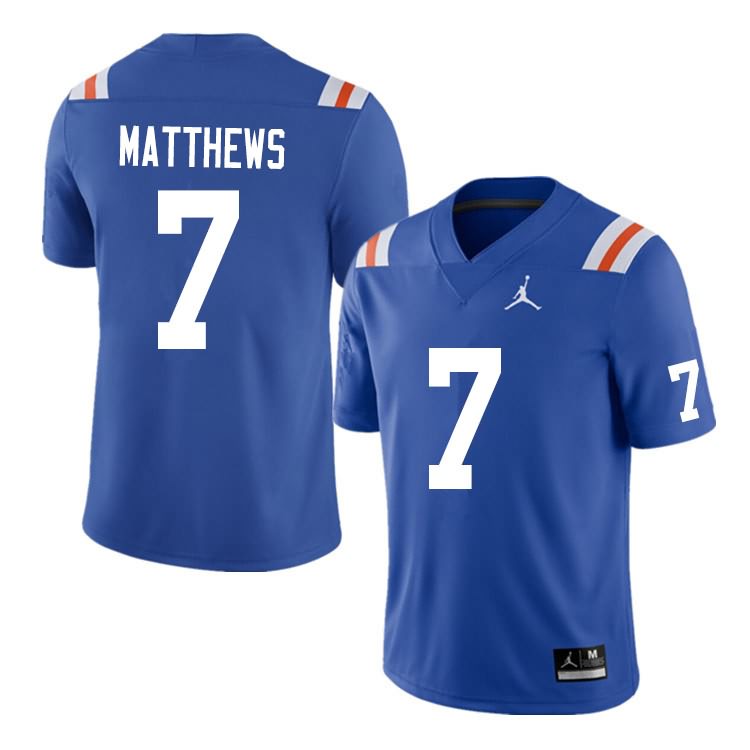 Men's NCAA Florida Gators Luke Matthews #7 Stitched Authentic Nike Blue Throwback College Football Jersey OCH5365SQ